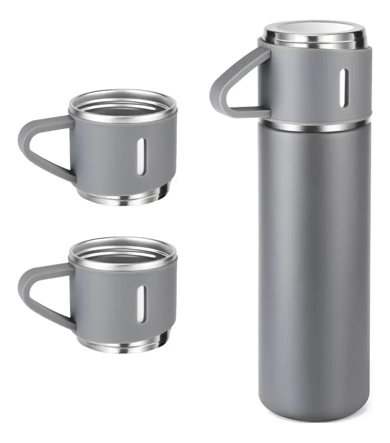 Caneca Kit Garrafa Térmica Vacuum Bottle Inox 500ml + 3 Xíca Cinza
