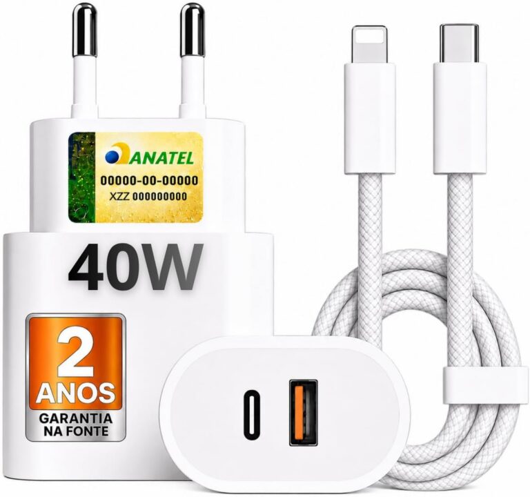 Carregador Turbo 40W USB-C + USB-A Compatível com IPhone 8 X Xr 11 12 13 14, Bivolt 110/220V – CABO DE NYLON – Carregamento POWER DUO
