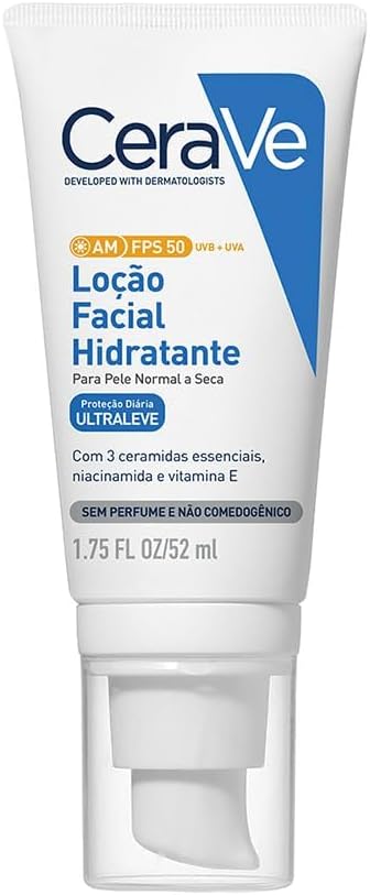 CeraVe AM FPS 50, Loção Facial Hidratante com 3 Ceramidas Essenciais, Ácido Hialurônico e Niacinamida, Proteção UVA/UVB e Hidratação 24h para Pele Normal a Seca, 52g