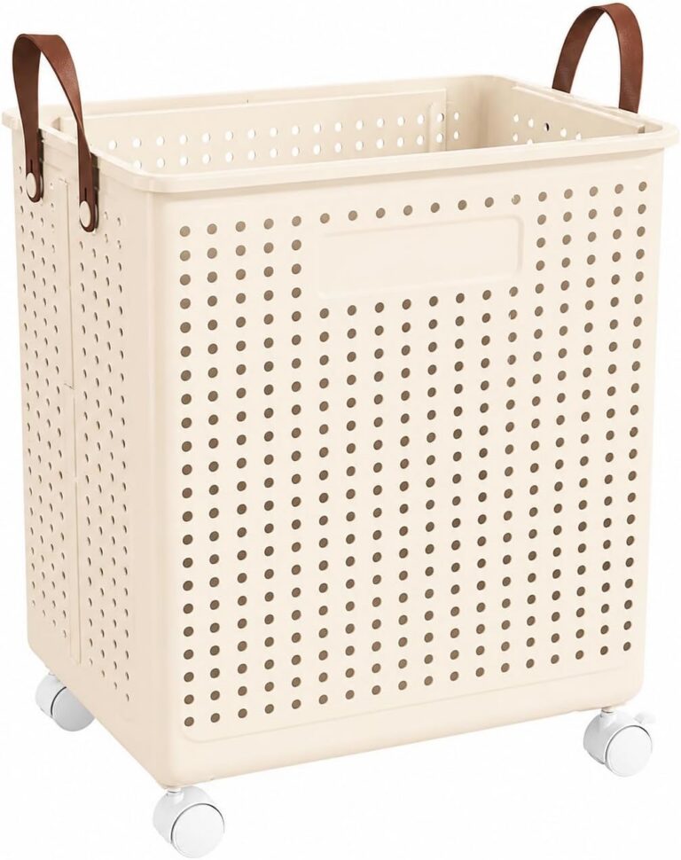 Cesto de Roupa Creme, Dobrável com Rodas 360°, 70L, Ventilado e Resistente