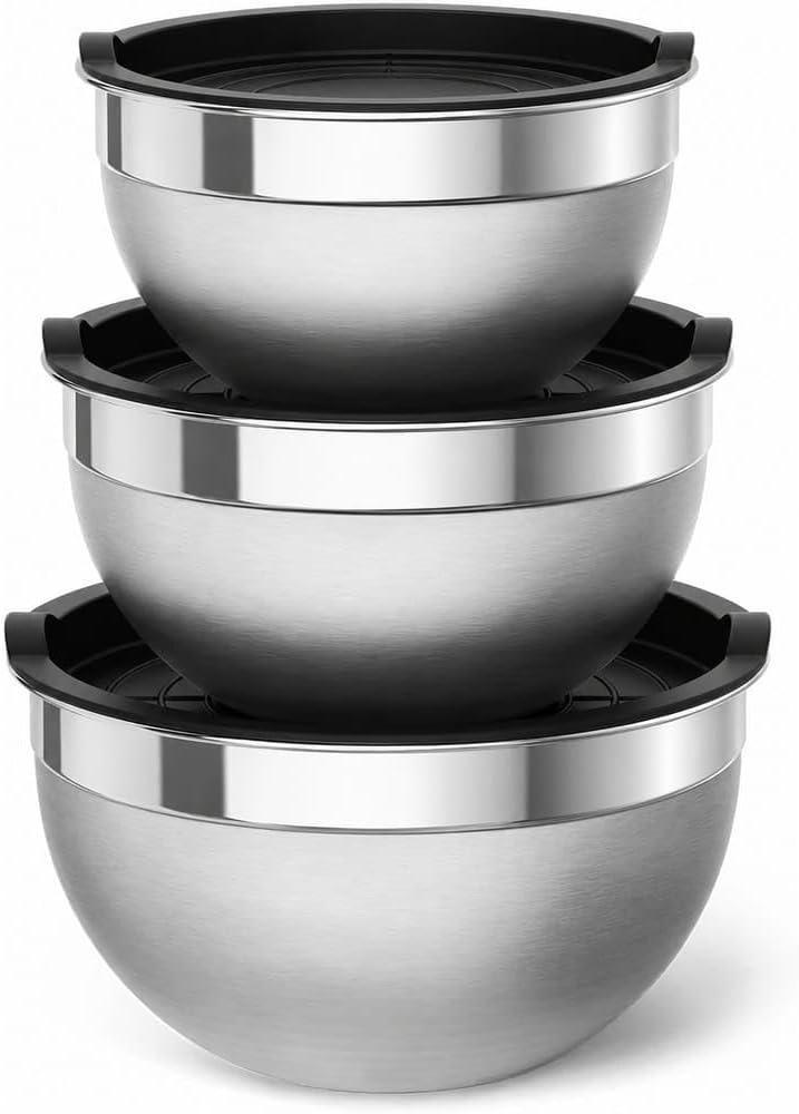 Conjunto 3 Bowls Aço Inox com Tampa, Tigelas Multiuso para Cozinha Kit 3