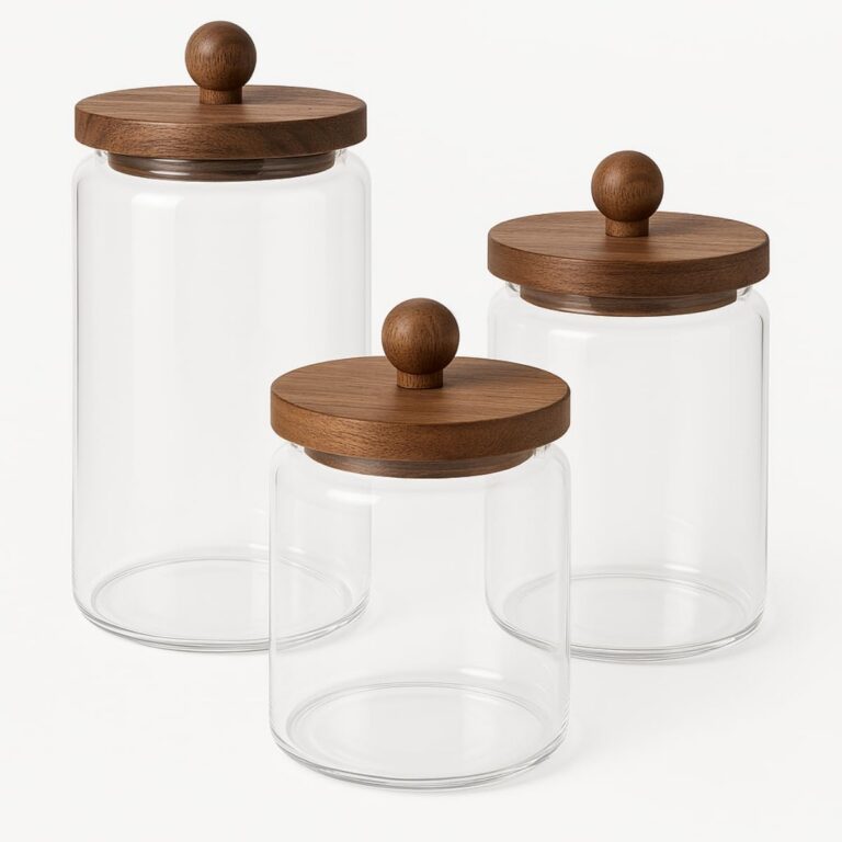 Conjunto de Potes de Vidro com Tampa de Madeira, 3 Tamanhos, Premium, Armazenamento para Cozinha