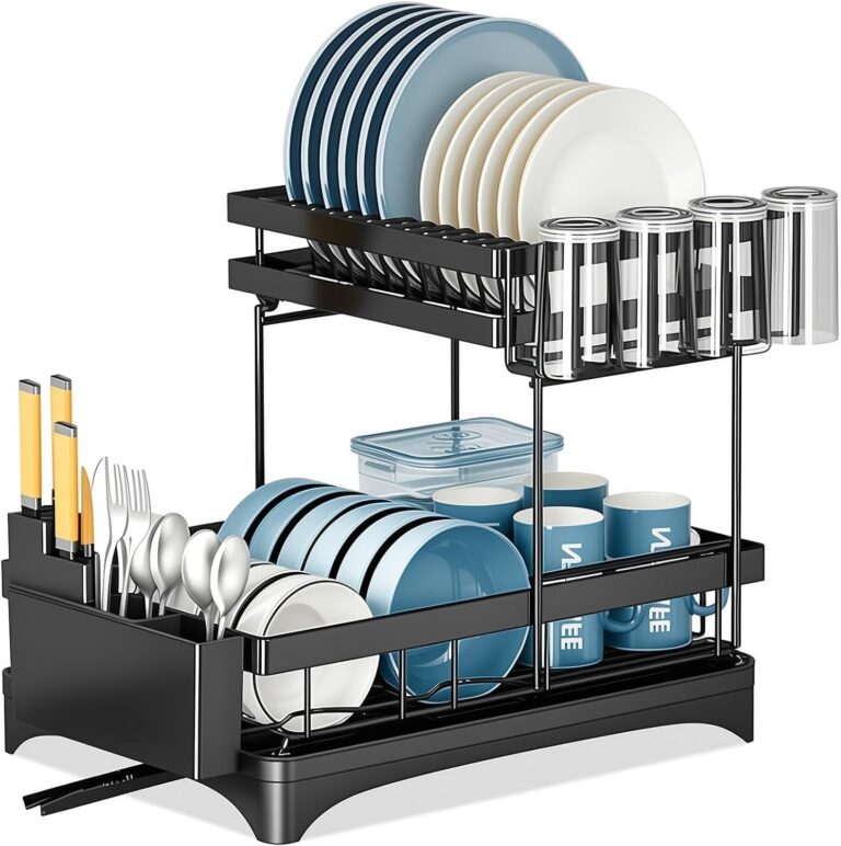 Escorredor de Louça Inox 2 Camadas com Suporte para Talheres, Copos, Facas, Tábuas e Bandeja, Organizador de Cozinha Suspenso, Prateleira com Drenagem Eficiente, Preto