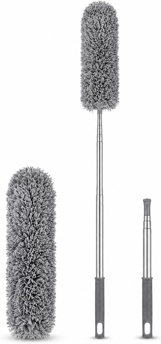 Espanador de Pó Extensível até 2,80m com Microfibra Lavável, Haste Retrátil Flexível em Aço Inoxidável para Limpeza de Ventiladores, Tetos, Janelas e Móveis Altos