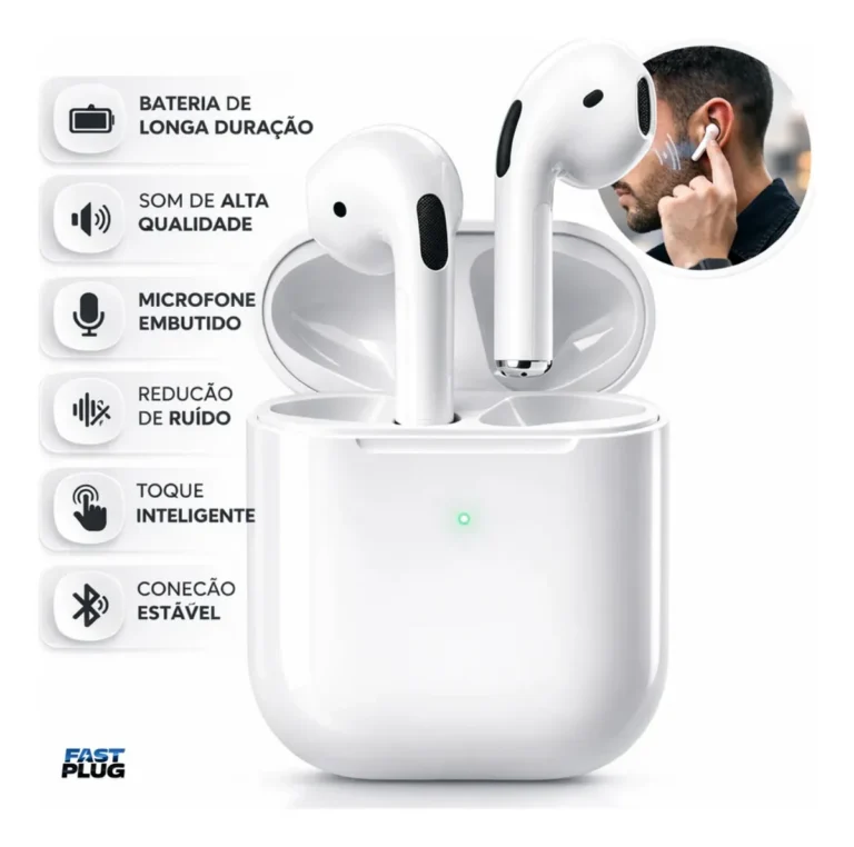 Fone De Ouvido Bluetooth Bateria de Longa Duração Pro 4 Branco Conecta Rápido Fast Plug Com Case Carregador E Microfone