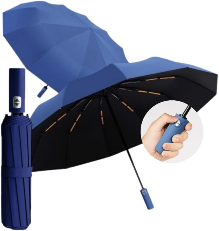 Guarda Chuva com Botão Automático Reforçado – Compacto, Resistente ao Vento, Proteção Solar UV, Blackout, Dobrável – Guarda Chuva Portátil para Bolsa/Mochila – Shop100