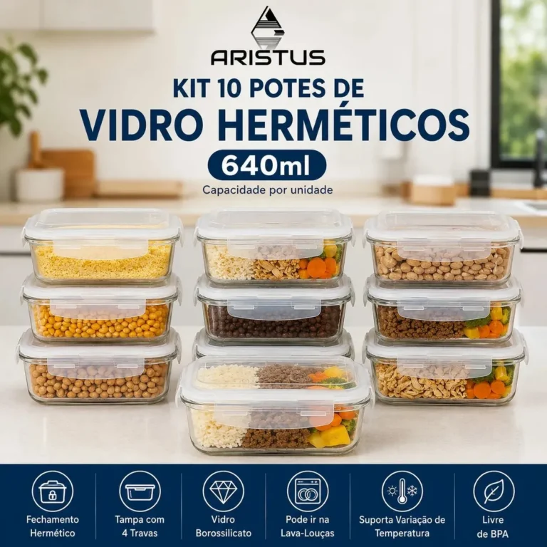Kit 10 Potes Vidro Hermético Aristus 640ml Marmita Anti Vazamento Forno Micro-ondas Freezer Tampa 4 Travas – Branco
