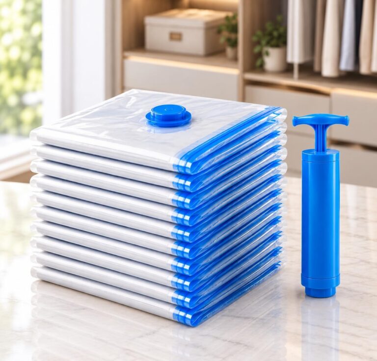 Kit 10 Sacos a Vácuo para Roupas com Bomba Manual 50x60cm – Organizador para Edredons, Cobertores, Roupas e Toalhas | Economiza até 80% de Espaço | Proteção Contra Umidade, Poeira e Odores
