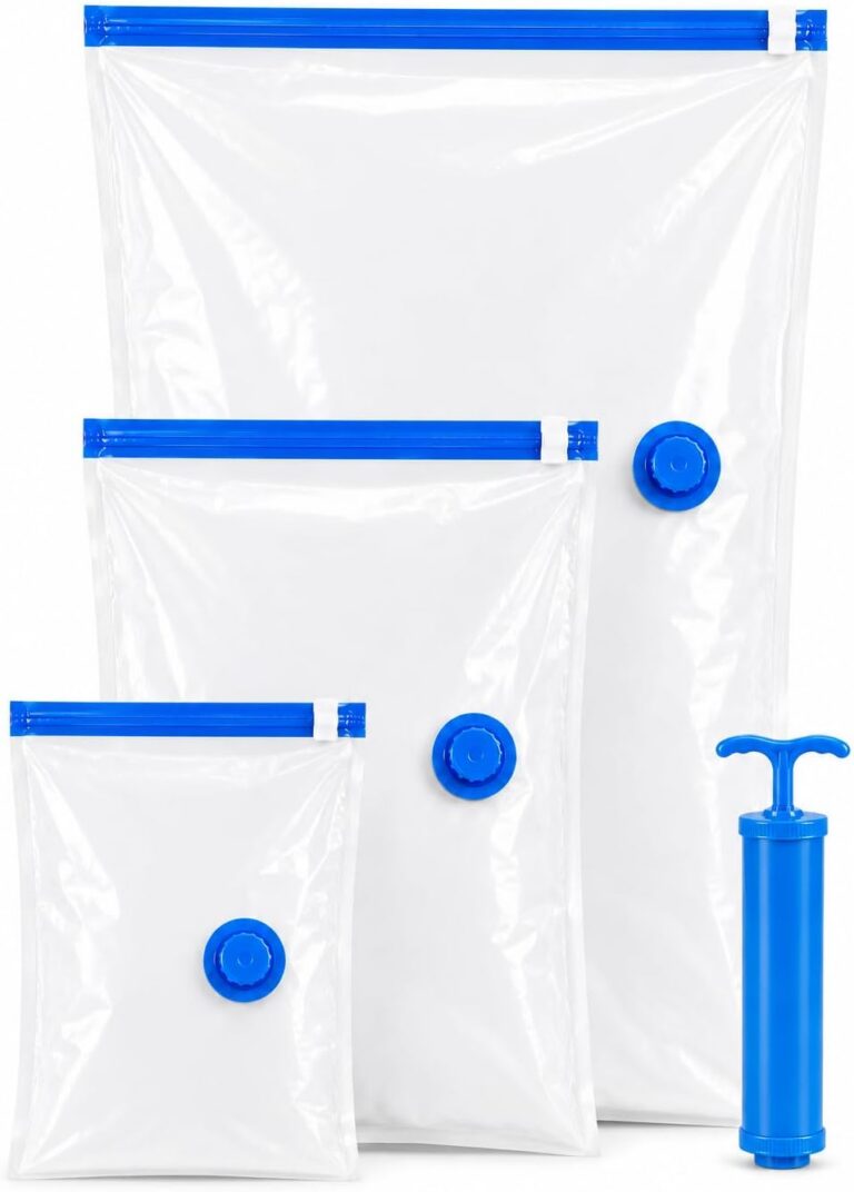 Kit 3 Sacos a Vácuo para Roupas, Casacos e Edredons com Bomba Manual (40×60, 60×80, 70×100) | Economia de espaço | Vedação dupla + válvula anti-retorno | Reutilizável
