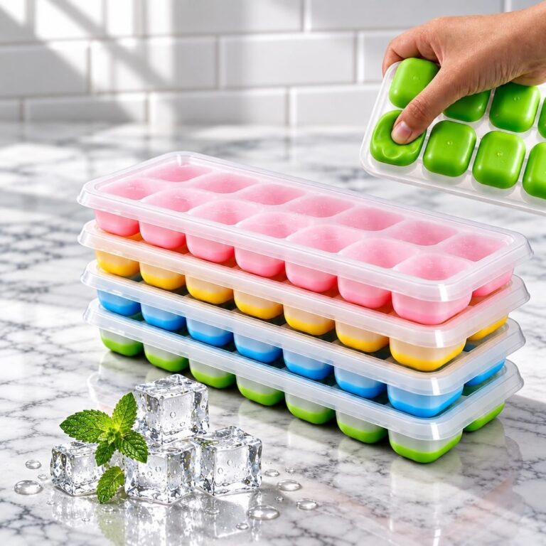 Kit 4 Formas de Gelo com Tampa 14 Cubos | Forminha de Silicone Flexível e Reutilizável | Fácil Desenforme para Bebidas, Sucos, Frutas e Papinhas