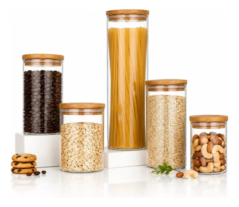 Kit 5 Potes Mantimentos Vidro Herméticos Com Tampa Bambu Alta Resistência Epsilon