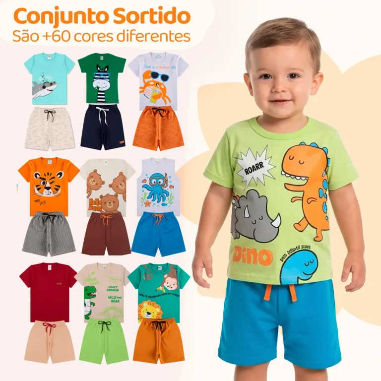 Kit Infantil 10 Peças Menino Conjunto 5 Shorts+5 Camisetas Kit 5 Conjuntos Infantil 8 Peças 2 – Veste 1 Ano