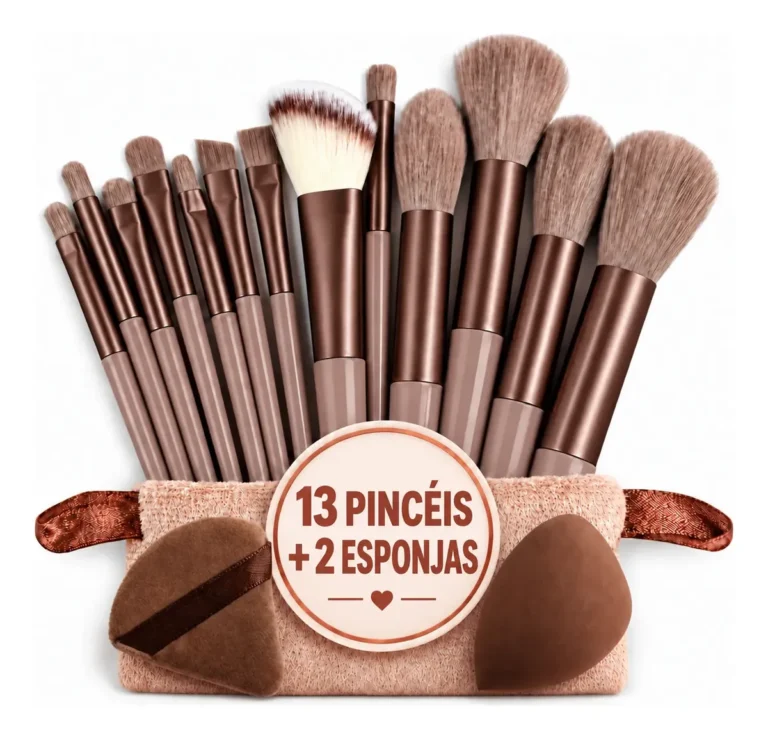 Kit Pincéis Maquiagem 13 Peças + 2 Esponjas Com Estojo Marrom