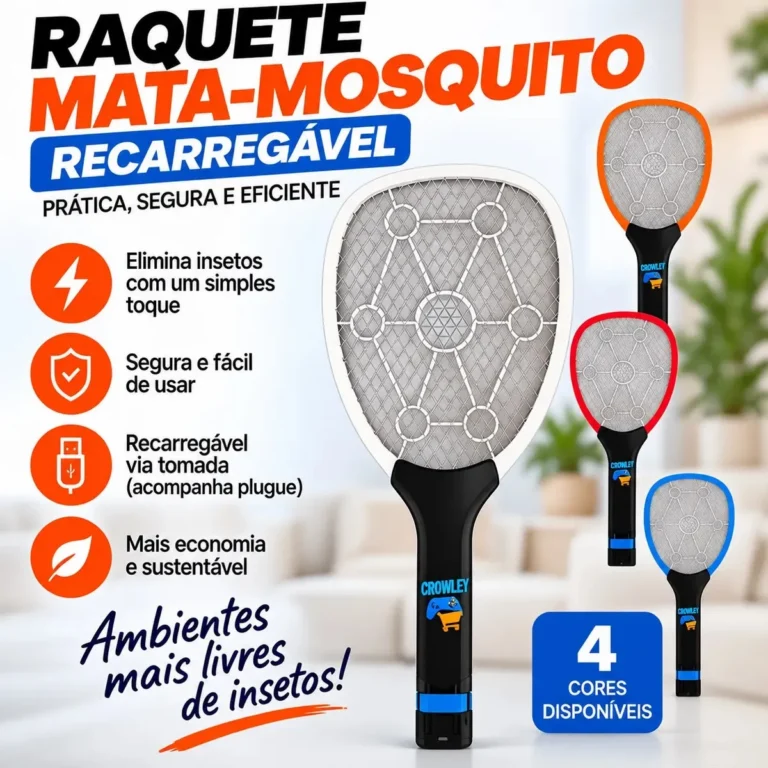 Raquete Elétrica Mata Mosquito Mosca Pernilongo Dengue Insetos Bateria Recarregavel Bivolt – Crowley