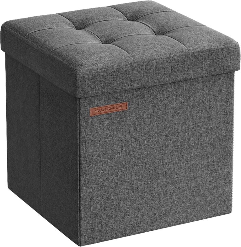SONGMICS Banco com Espaço de Armazenamento, Banco Dobrável Pequeno, Puff 30 x 30 cm, Caixa Organizadora, Suporta até 130 kg, para Sala de Estar, Quarto, Dormitório, Cinza Escuro BRLSF028G01