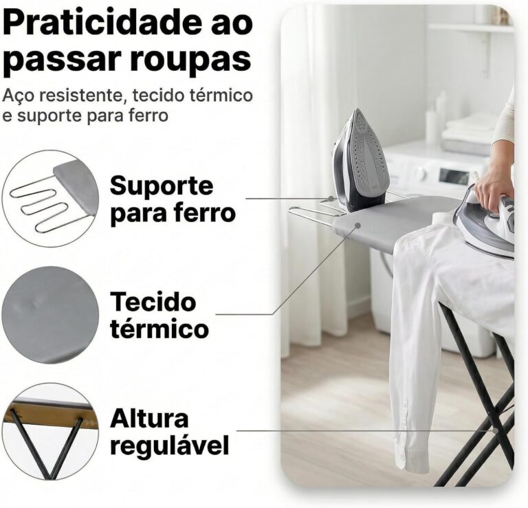 Tábua de Passar Roupa Cor Preta com Suporte para Ferro, Tecido Térmico e Estrutura em Aço Regulável