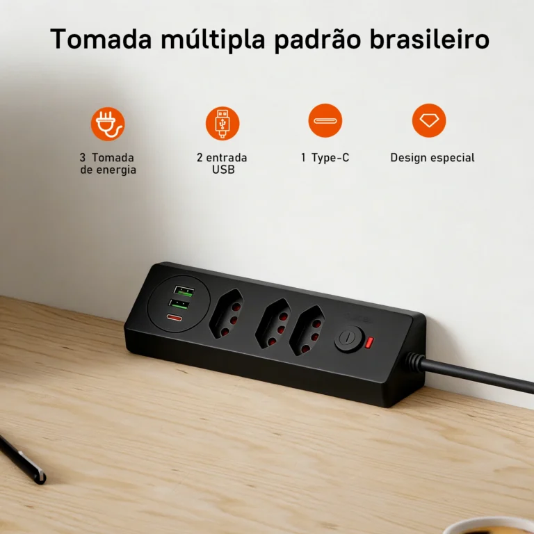 Tomada Múltipla Padrão Brasileiro 3 Tomadas + 2USB + Type-C， Extensão Elétrica， Filtro de Linha， Extensão Tomada， Coibeu